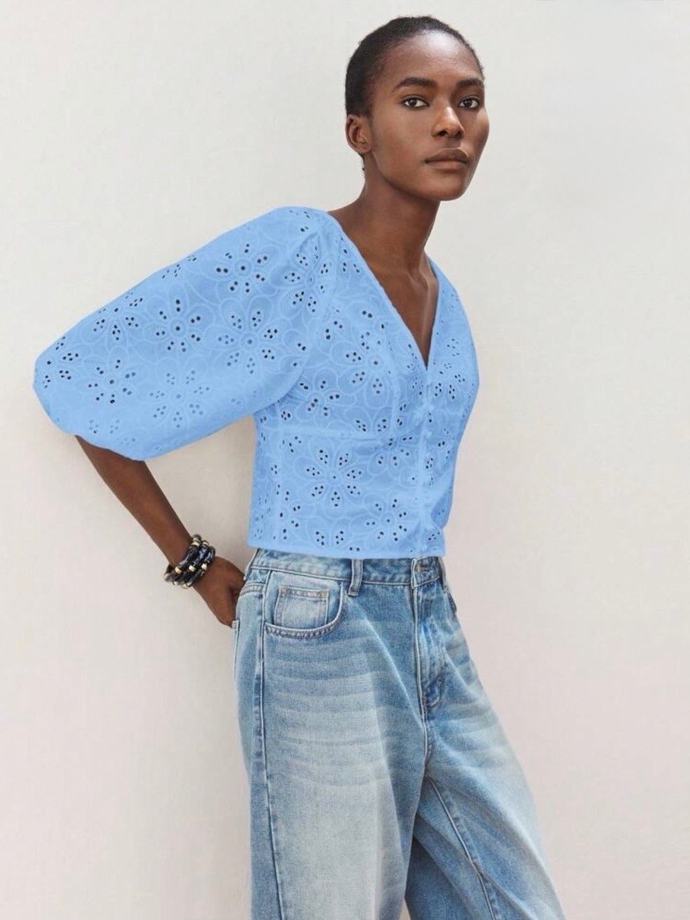 Sky Blue Eyelet V-Neck Puff Sleeve Blouse - Picture 2 of 6